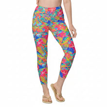Load image into Gallery viewer, Womens Bright and colorful fishing or diving leggings with pockets. Sailfish, mahi and tuna surrounded with tropical hibiscus and mermaid tails.